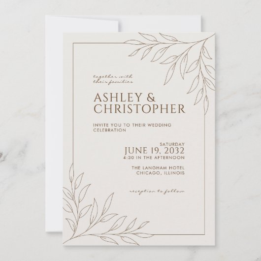 Invitation Mariage tout-en-un Brown Foliage moderne (Devant)