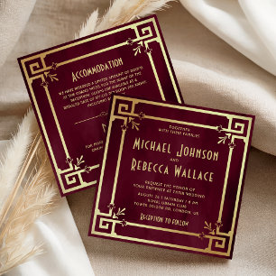 Invitation Mariage tout en un Burgundy Gold Art Déco