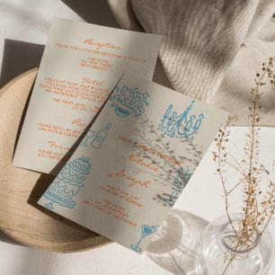 Invitation Mariage Tout En Un Dessin Orange Bleu Fantaisiste