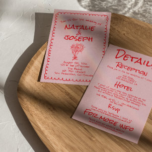 Invitation Mariage Tout En Un Dessiné À La Main Rose Rouge Ré