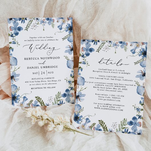 Invitation Mariage tout-en-un Dusty Blue Fleur sauvage