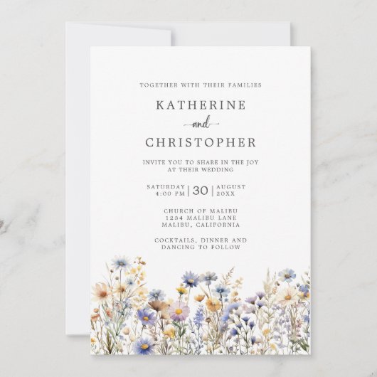 Invitation Mariage tout-en-un Dusty Blue Fleurs sauvages (Devant)