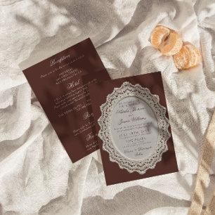Invitation Mariage tout en un en dentelle marron chocolat vin