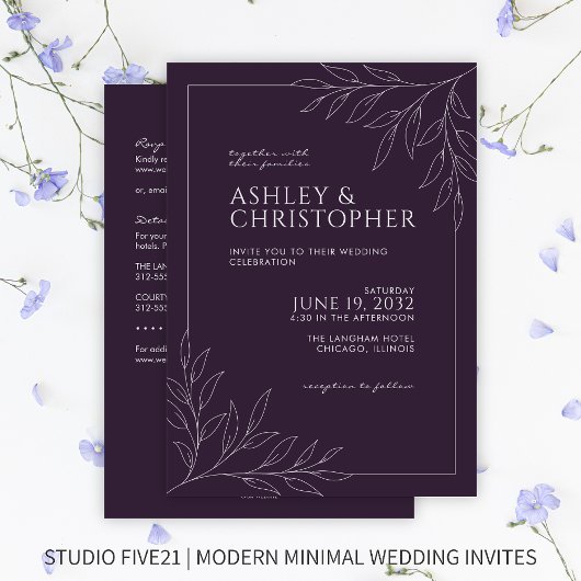 Invitation Mariage tout-en-un en plan de feuillage violet mod