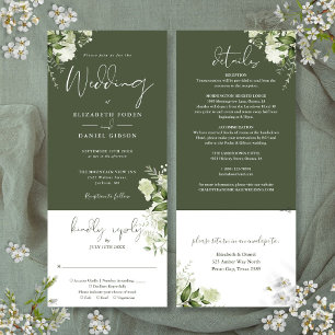 Invitation Mariage Tout En Un Floral Botanique Vert Olive
