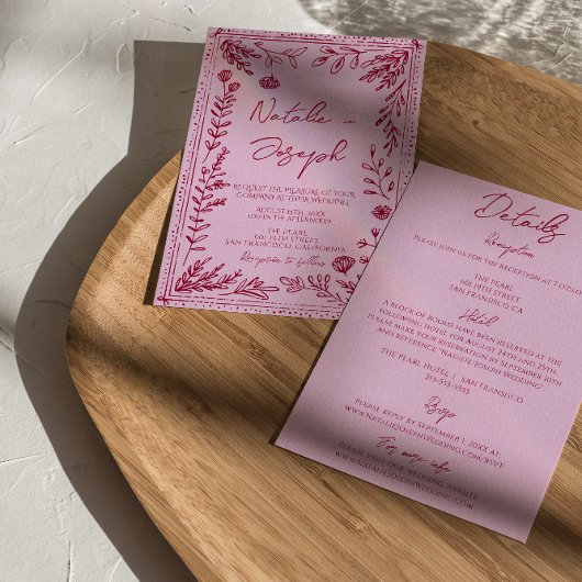 Invitation Mariage Tout En Un Floral Dessiné Framboise Rose