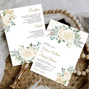 Invitation Mariage Tout en Un Floral Ivoire Or Rustique