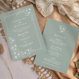 Invitation Mariage Tout en Un Floral Vert Sauge