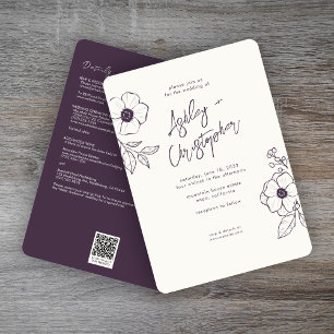 Invitation Mariage tout-en-un flore végétale violet minimal