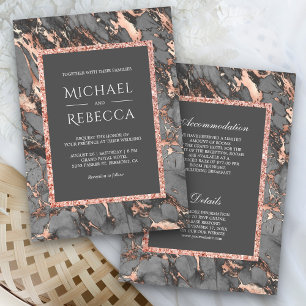 Invitation Mariage Tout en Un Gris Acier Marbre Or Rose