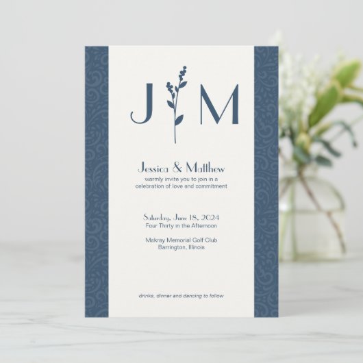 Invitation Mariage tout-en-un gris ardoise rustique Damask (Debout devant)