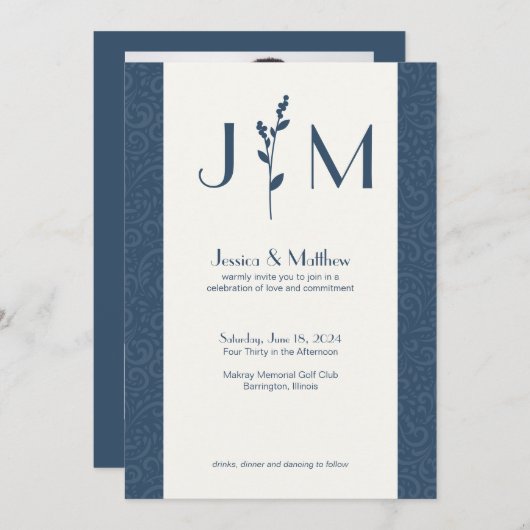 Invitation Mariage tout-en-un gris ardoise rustique Damask (Devant / Derrière)