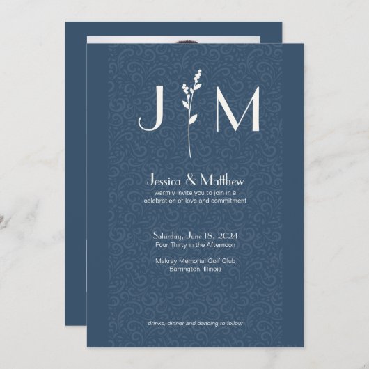 Invitation Mariage tout-en-un gris ardoise rustique Damask (Devant / Derrière)