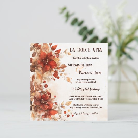 Invitation Mariage tout-en-un italien de fleurs rouges (Debout devant)