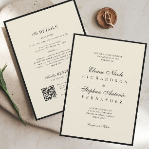 Invitation Mariage Tout en Un Ivoire et Noir Argent Ancien