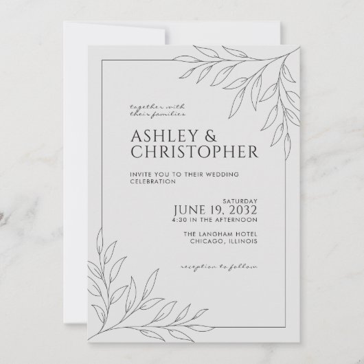 Invitation Mariage tout-en-un moderne en feuillage noir (Devant)