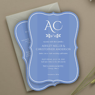 Invitation Mariage tout-en-un monogramme bleu rayé minimal