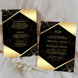 Invitation Mariage Tout en Un Monogramme de Marbre Or Noir