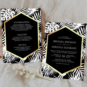 Invitation Mariage Tout en Un Noir Blanc Or Tropical Palm
