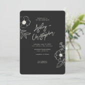 Invitation Mariage tout-en-un noir floral minimal (Debout devant)