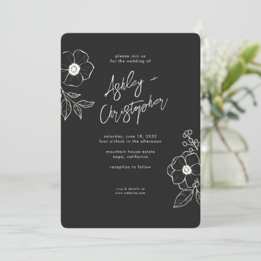 Invitation Mariage tout-en-un noir floral minimal (Debout devant)