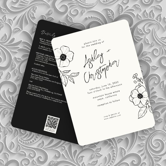 Invitation Mariage tout-en-un noir floral minimal