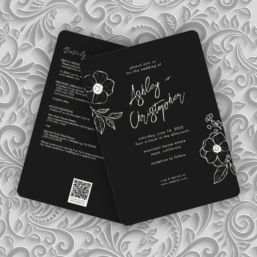 Invitation Mariage tout-en-un noir floral minimal