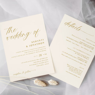 Invitation Mariage Tout en Un Or Romantique Ivoire