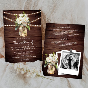 Invitation Mariage Tout en Un Pot Mason en Bois Magnolia Blan