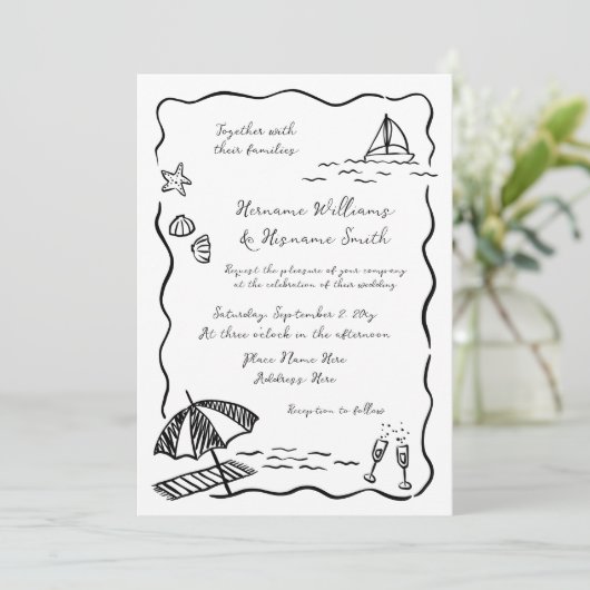 Invitation Mariage tout-en-un QR RSVP noir de plage (Debout devant)