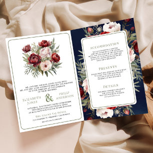 Invitation Mariage Tout en Un Rose Pâle Floral Bourgogne