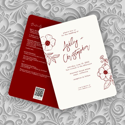 Invitation Mariage tout-en-un rouge floral minimal