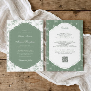 Invitation Mariage Tout en Un Toile Vintage Vert Sauge