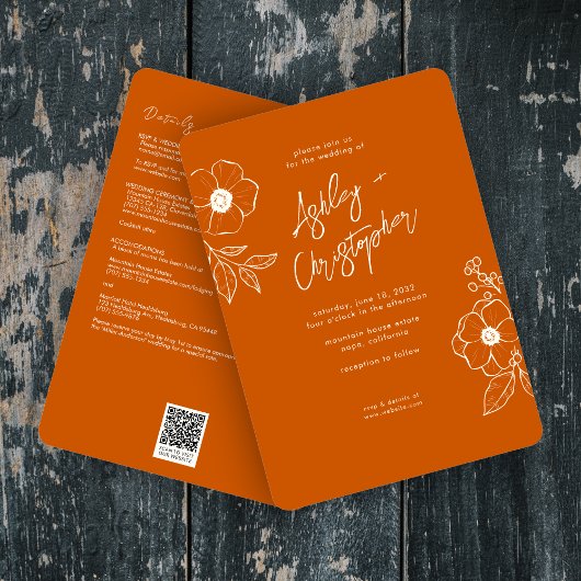 Invitation Mariage tout-en-un végétal orange végétal minimal