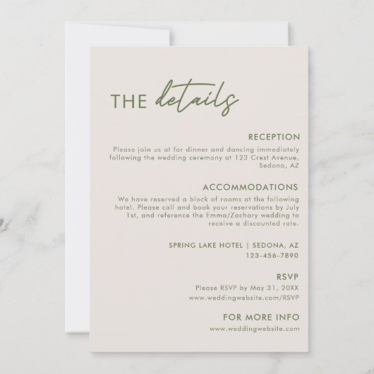 Invitation Mariage tout-en-un vert olive minimal (Dos)
