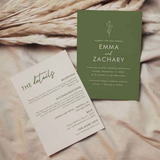 Invitation Mariage tout-en-un vert olive minimal