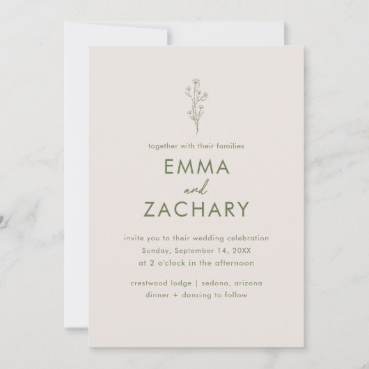 Invitation Mariage tout-en-un vert olive moderne (Devant)
