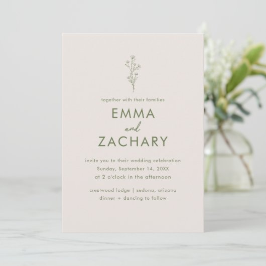 Invitation Mariage tout-en-un vert olive moderne (Debout devant)
