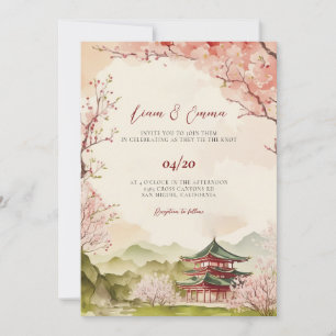 Invitation Mariage traditionnel asiatique japonais rose vinta