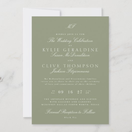 Invitation Mariage traditionnel Monogramme blanc Sage vert (Devant)