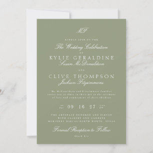 Invitation Mariage traditionnel Monogramme blanc Sage vert