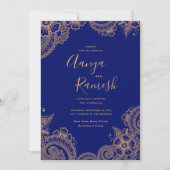 Invitation Mariage traditionnel Royal Blue et Gold Mehndi (Devant)
