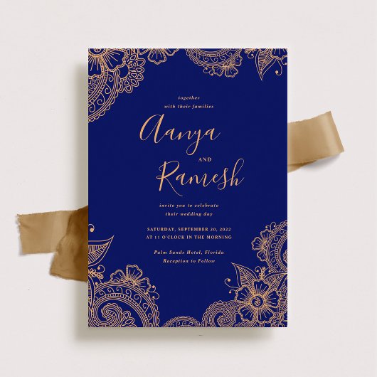 Invitation Mariage traditionnel Royal Blue et Gold Mehndi