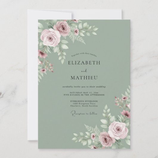 Invitation Mariage Tranquille Rose Vert Sauge (Devant)