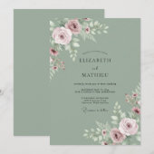 Invitation Mariage Tranquille Rose Vert Sauge (Devant / Derrière)