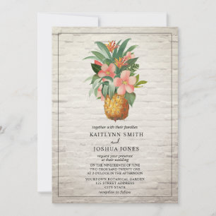 Invitation Mariage tropical à ananas floral blanc