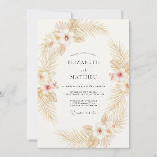 Invitation Mariage tropical à la feuille de palmier dorée et 