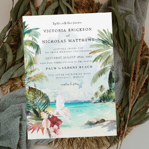 Invitation Mariage tropical à l'aquarelle sur la plage