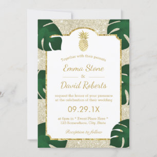 Invitation Mariage Tropical Ananas Élégant Paillettes Ivoire