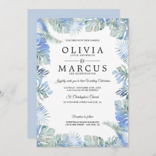 Invitation Mariage tropical Aquarelle Feuilles Bleu Vert